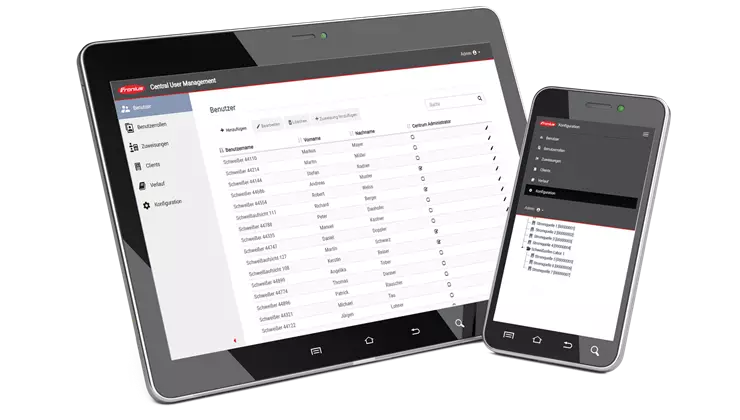 Central user management is opend on a tablet and a mobile device